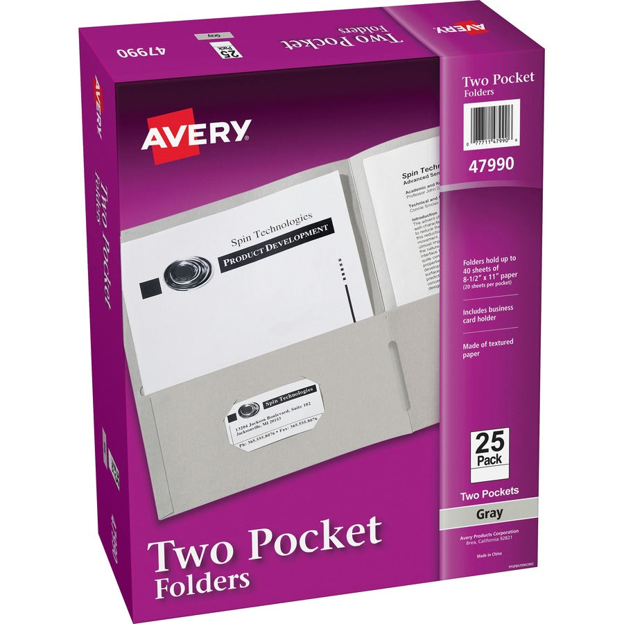 Avery®, Letter Pocket Folder - 8 1/2" x 11" - 40 Sheets Capacity - 2 Internal Pocket - Paper - Gray - Die-cut, Lightweight, Flexible, Textured, Scuff Resistant, Pocket, Label - 0% Recycled - 25 / Box