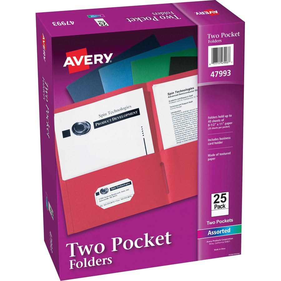 Avery®, Letter Pocket Folder - 8 1/2" x 11" - 40 Sheets Capacity - 2 Internal Pocket - Paper - Assorted - Die-cut, Lightweight, Flexible, Textured, Scuff Resistant, Pocket, Label - 0% Recycled - 25 / Box