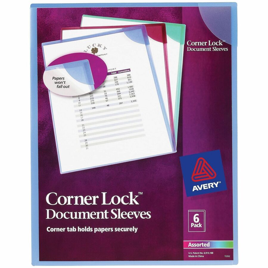 Avery®, Corner Lock Letter File Sleeve - 8 1/2" x 11" - 20 Sheets Capacity - Poly - Blue, Green, Purple - 0% Recycled - 6 / Pack
