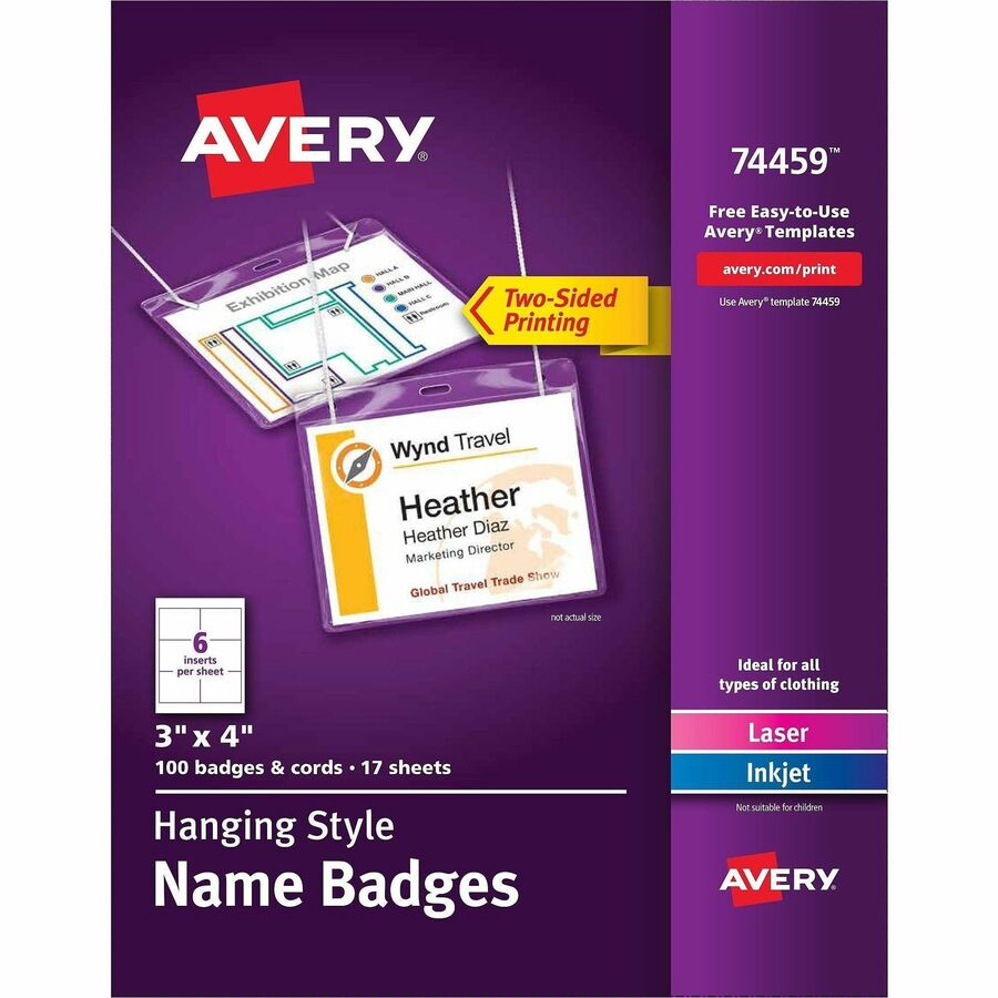Avery Name Badges with Cords, 3" x 4" , 100 Total (74459) - Letter - 8 1/2" x 11" - Printable, Durable, Micro Perforated, PVC-free, Double-sided, Smudge-free, Flexible - White - 17 Sheets - 6 - 100 / Box