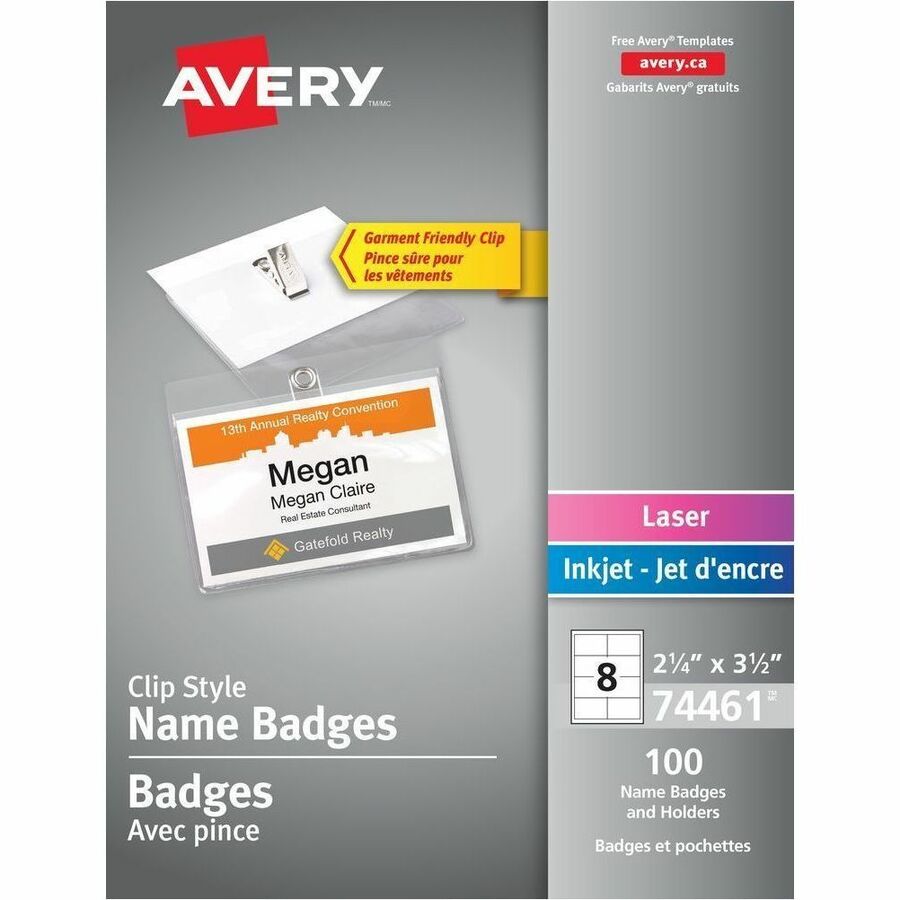 Avery®, Garment Friendly Clip Style Name Badge Kit - 3.5" Width x 2.3" Height - Rectangular Shape - Top Loading, Reusable, Durable, Swivel, PVC-free, Printable - Event, Seminar - Plastic - White, Clear - 100 / Box