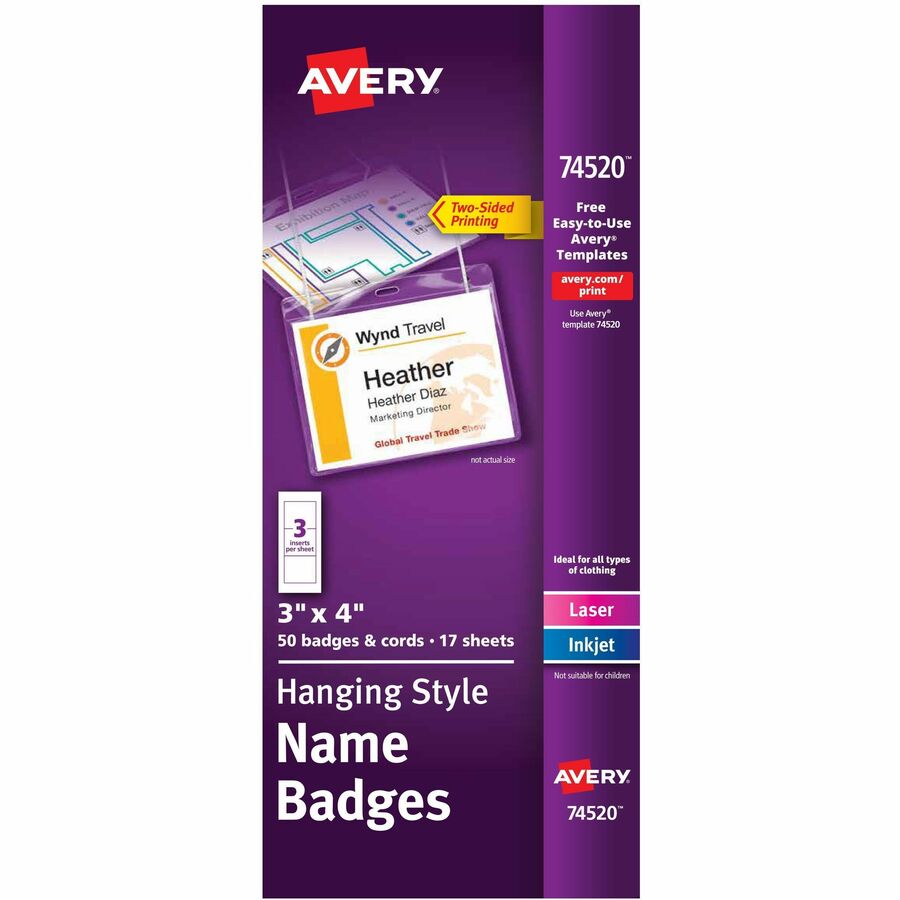 Avery®, Name Badges with Cords, 3" x 4" , 50 Total (74520) - 8 1/2" x 11" - Durable, Micro Perforated, Printable, PVC-free, Double-sided, Smudge-free - White - 50 / Box