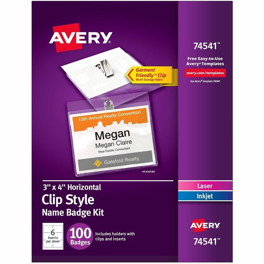 Avery®, Clip-Style Name Badges - 4" x 3" - Clip - White, Clear - 1 Box