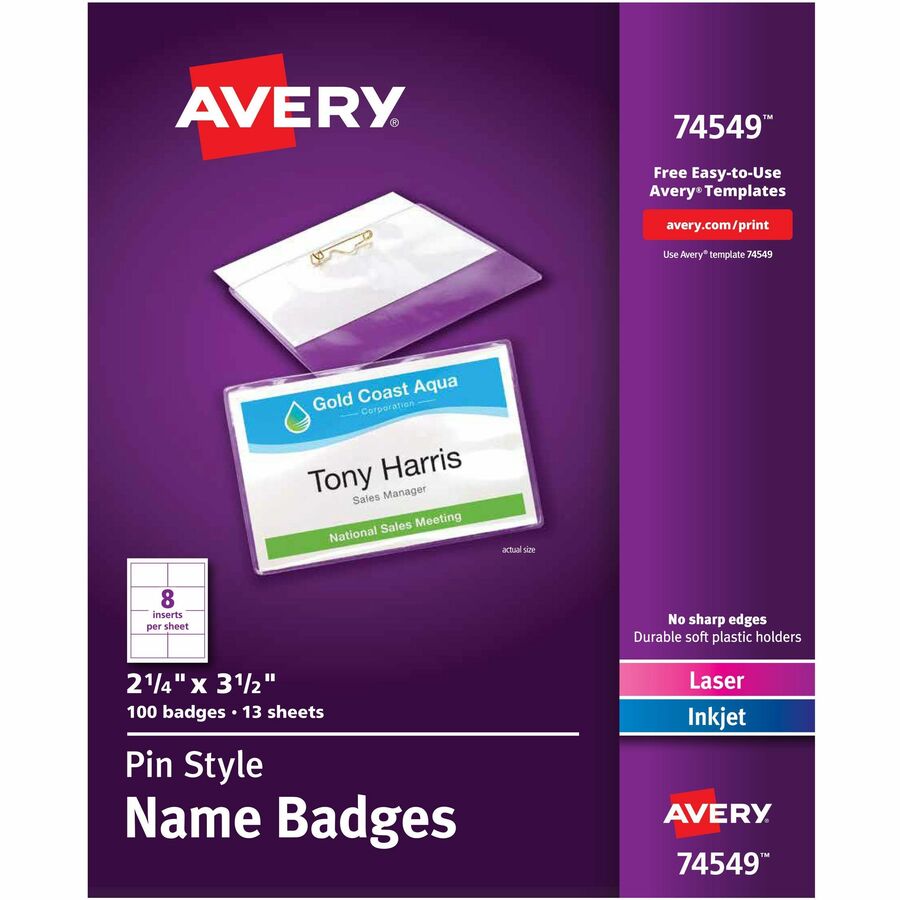 Avery®, Pin-Style Name Badges - 3 1/2" x 2 1/4" - White, Clear - 1 Box