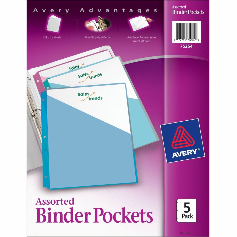 Avery®, Durable Letter Vinyl File Pocket - 8 1/2" x 11" - 20 Sheets Capacity - 3 Pocket - Polypropylene - Assorted - Tear Resistant, Acid-free, Archival-safe, PVC-free, Durable - 5 / Pack