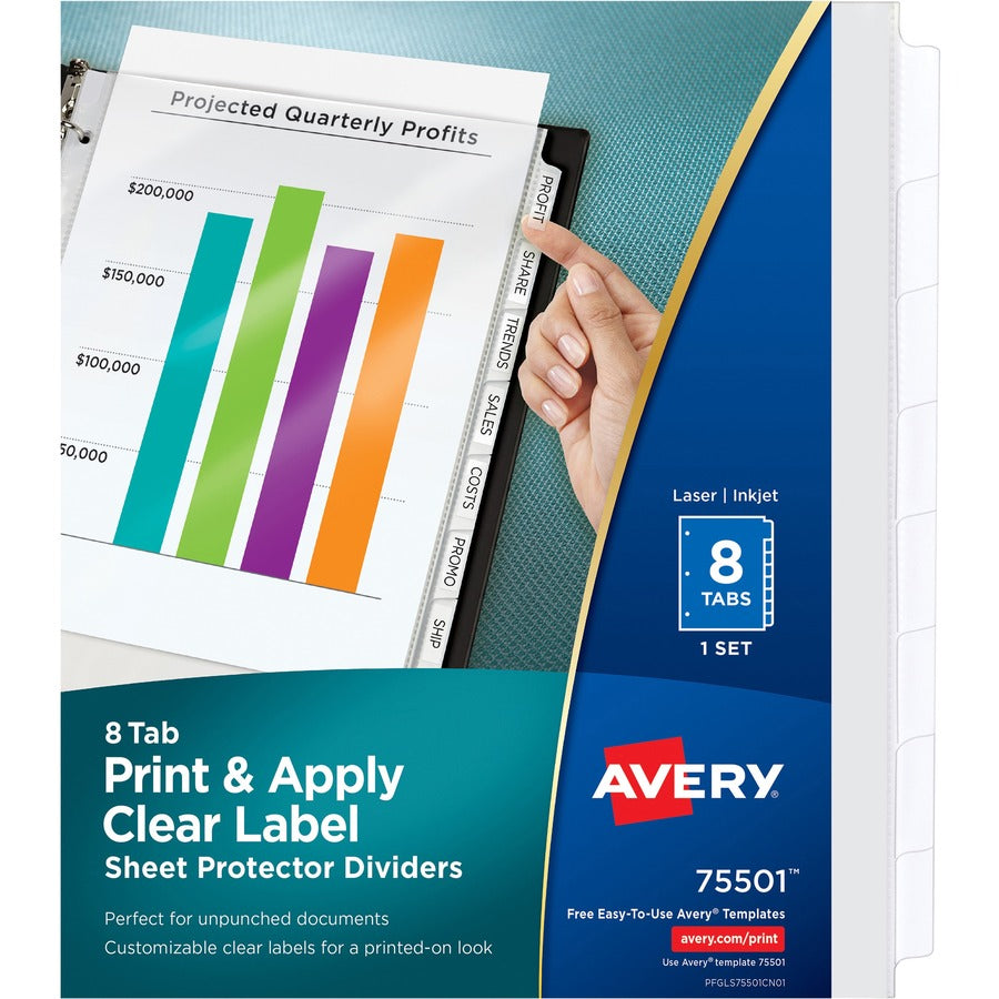 Avery®, Print & Apply Sheet Protector Dividers - 8 x Divider(s) - 8 - 8 Tab(s)/Set - 8.5" Divider Width x 11" Divider Length - 3 Hole Punched - Clear Plastic Divider - Clear Plastic Tab(s) - Hole-punched, Printable, Customizable, Easy Peel - 1 Set