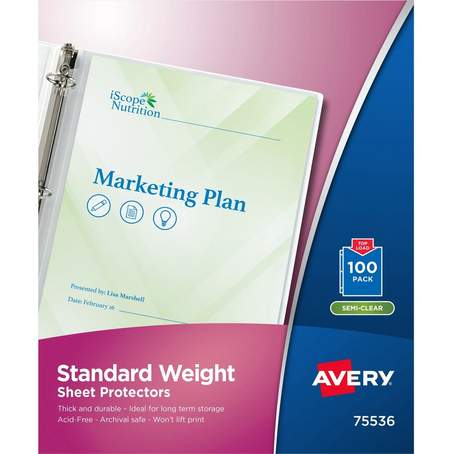 Avery®, Standard Weight Sheet Protectors - Sheet Capacity - For Letter 8 1/2" x 11" Sheet - Ring Binder - Top Loading - Clear - Polypropylene - 1 Box