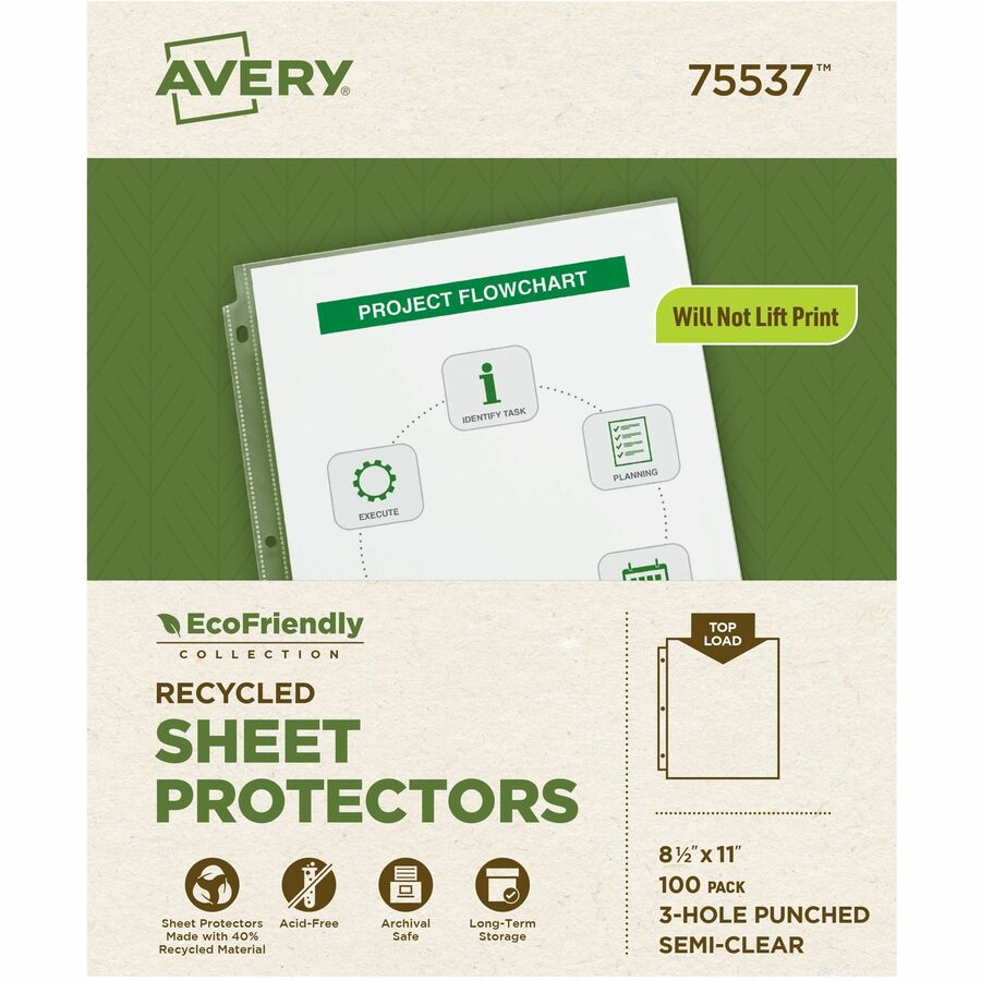 Avery®, EcoFriendly Economy Sheet Protectors, 100ct (75537) - For Letter 8 1/2" x 11" Sheet - 3 x Holes - Ring Binder - Top Loading - Semi Clear - Polypropylene - 1 Box
