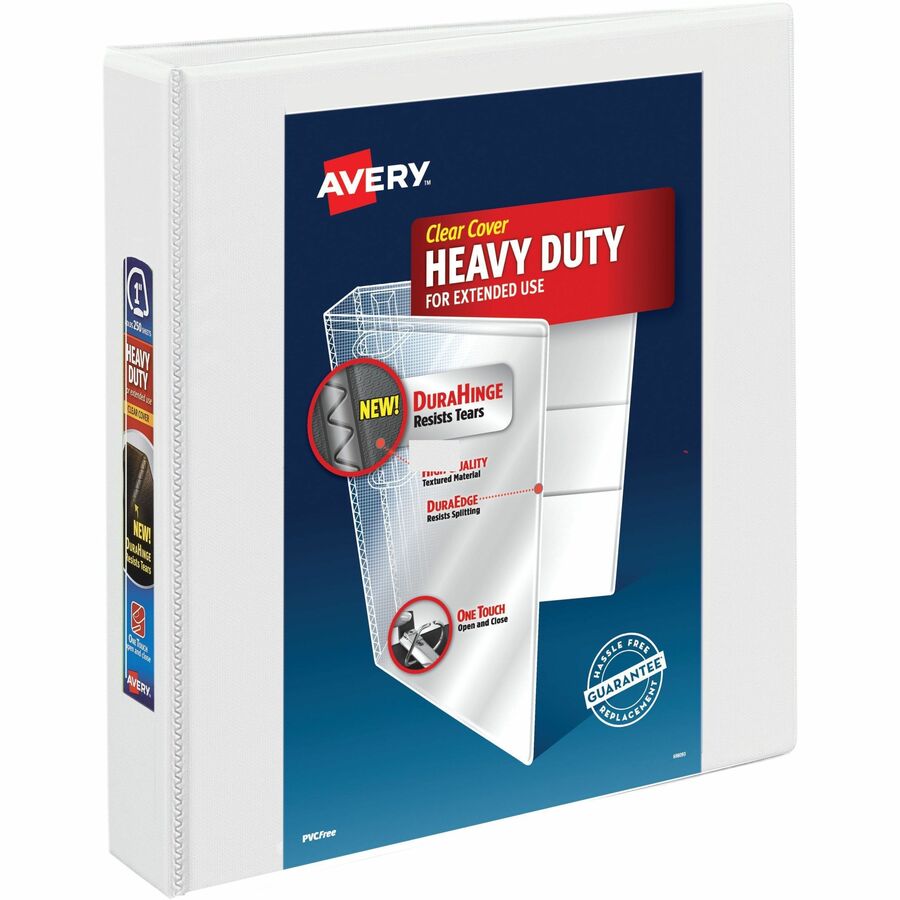 Avery®, Heavy-Duty View 3 Ring Binder - 1 1/2" Binder Capacity - Letter - 8 1/2" x 11" Sheet Size - 400 Sheet Capacity - 400 x 1.50" Ring - Fastener: Ring - Pocket: 4, Internal - Polypropylene - White - Adhesive, Clear Overlay, Heavy Duty, Locking R...