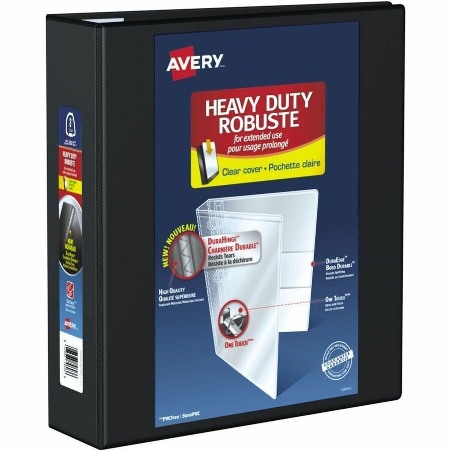 Avery Heavy Duty View Binder - 3" Binder Capacity - Letter - 8 1/2" x 11" Sheet Size - 670 Sheet Capacity - 3 1/2" Spine Width - 3 x 3" Ring - Fastener: D-Ring - Pocket: 4, Internal - DuraHinge design - Polypropylene - Black - Heavy Duty, Label Holder...