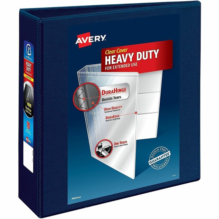 Avery Heavy-Duty View Binders with One Touch EZD Rings - 3" Binder Capacity - Letter - 8 1/2" x 11" Sheet Size - 670 Sheet Capacity - 3 1/2" Spine Width - 3 x 3" Ring - Fastener: Ring - Pocket: 4, Internal - Polypropylene - Navy Blue - Adhesive, Clear...