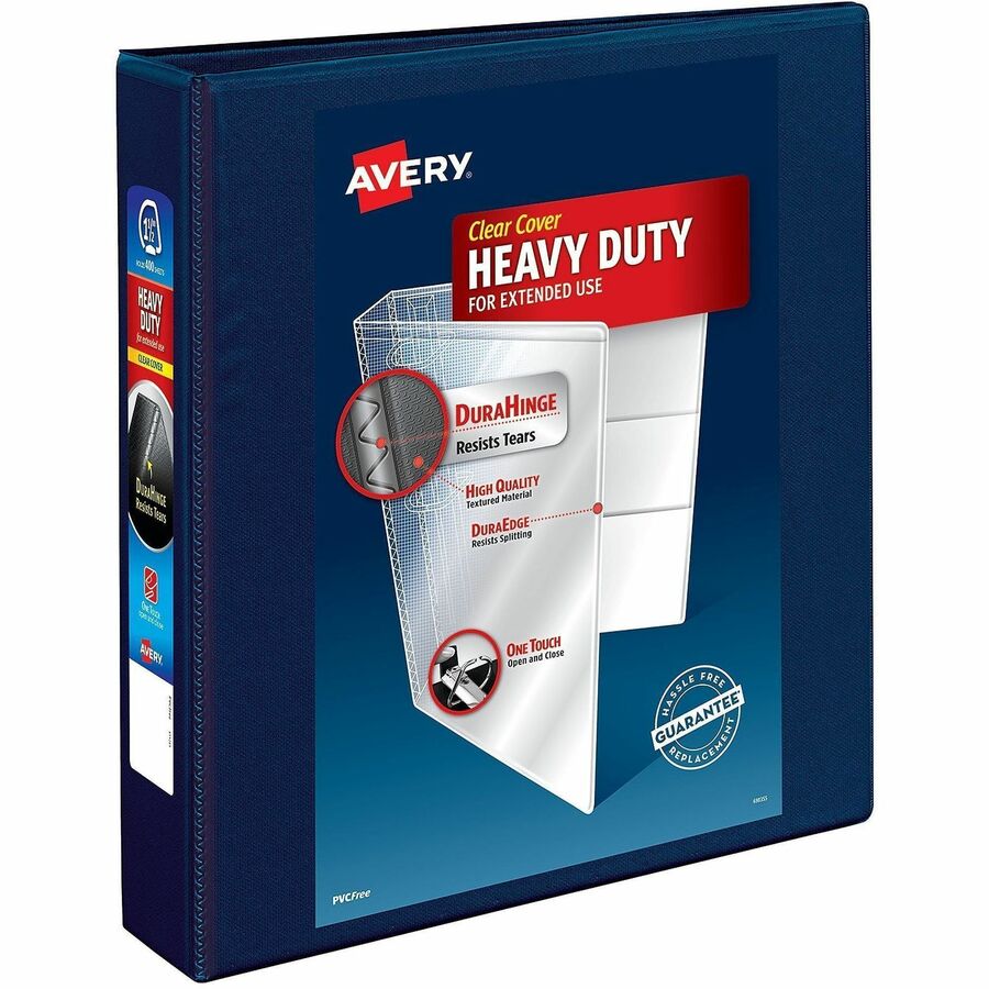 Avery®, Heavy-Duty View 3 Ring Binder - 1 1/2" Binder Capacity - Letter - 8 1/2" x 11" Sheet Size - 400 Sheet Capacity - 400 x 1.50" Ring - Fastener: Ring - Pocket: 4, Internal - Polypropylene - Navy Blue - Adhesive, Clear Overlay, Heavy Duty, Locki...