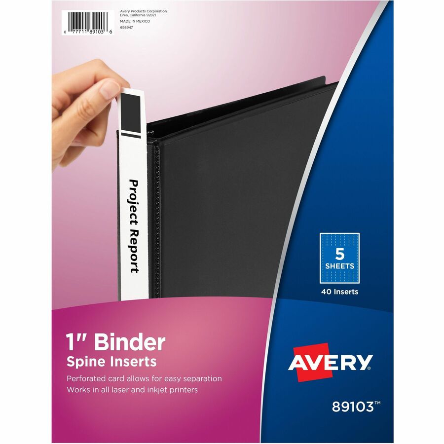 Avery®, Binder Spine Inserts, 1 Inch Binders, 40 Inserts (89103) - 1.4" Width - 40 Capacity - For 1" Sheet - 3 x Rings - Ring Binder - Bright White - Card Stock - 40 / Pack