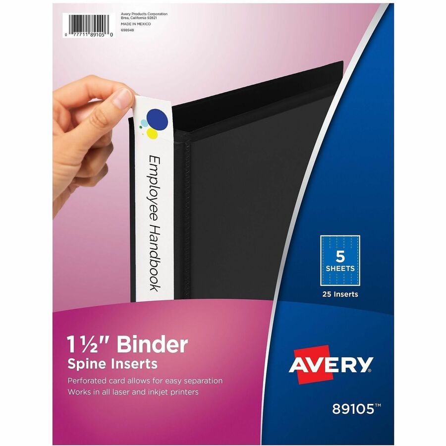 Avery®, Binder Spine Inserts, 1-1/2 Inch Binders, 25 Inserts (89105) - 2.1" Width - 25 Capacity - For 1 1/2" Sheet - 3 x Rings - Bright White - Card Stock - 25 / Pack