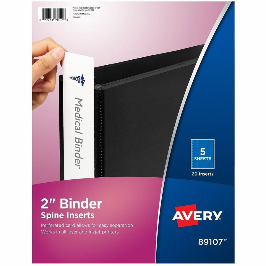 Avery®, Binder Spine Inserts, 2 Inch Binders, 20 Inserts (89107) - 2.8" Width - For 2" Sheet - 3 x Rings - Ring Binder - Bright White - Card Stock - 20 / Pack
