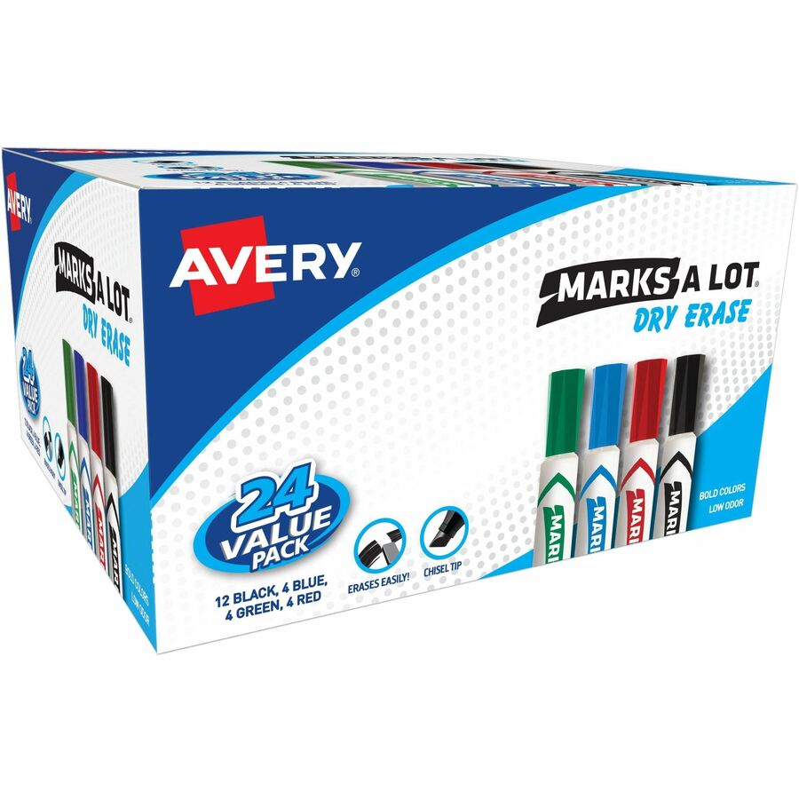 Avery®, Marks A Lot Dry Erase Marker, Desk-Style, 24 Assorted Markers - Chisel Marker Point - Erasable - Black, Blue, Green, Red Ink - Writing - 24 / Box