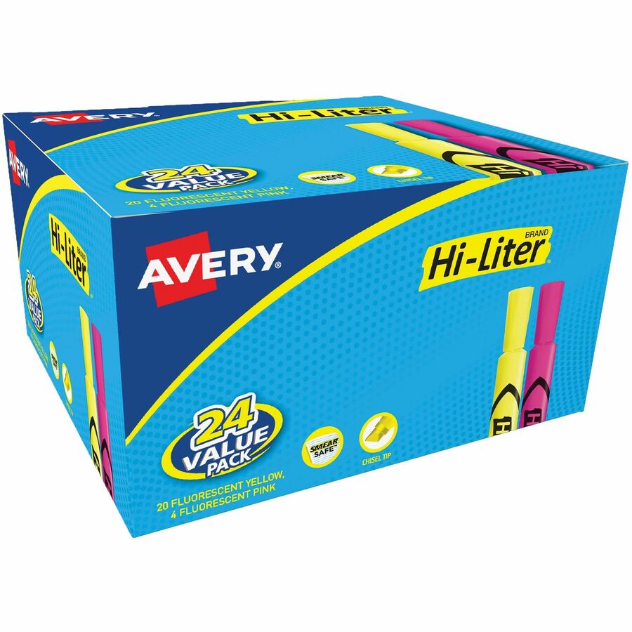 Avery®, Hi-Liter(R), Pink and Yellow Highlighters, 24 Total (98189) - Chisel Marker Point - Fluorescent Yellow, Fluorescent Pink Ink - Water Based - School, Office, Home, Document - 24 / Box