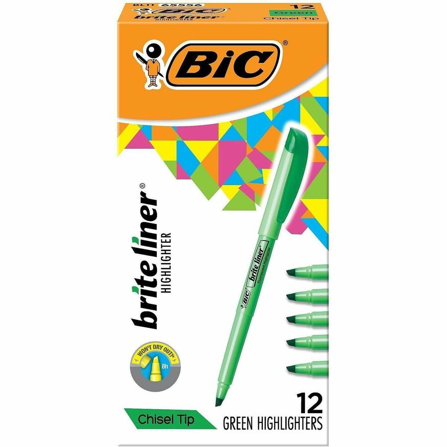 BIC Brite Liner Highlighters - Fluorescent Green Ink - Water Based - 12 / Dozen