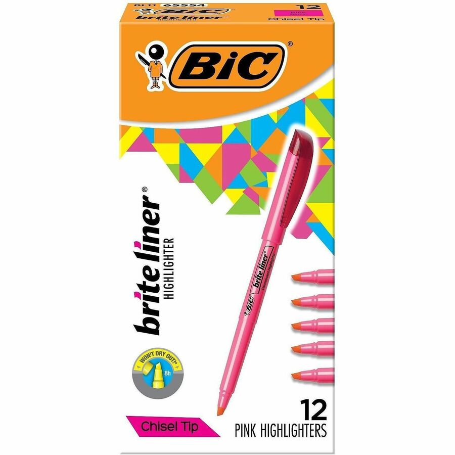 BIC Brite Liner Highlighters - Fluorescent Pink Ink - Water Based - 12 / Dozen