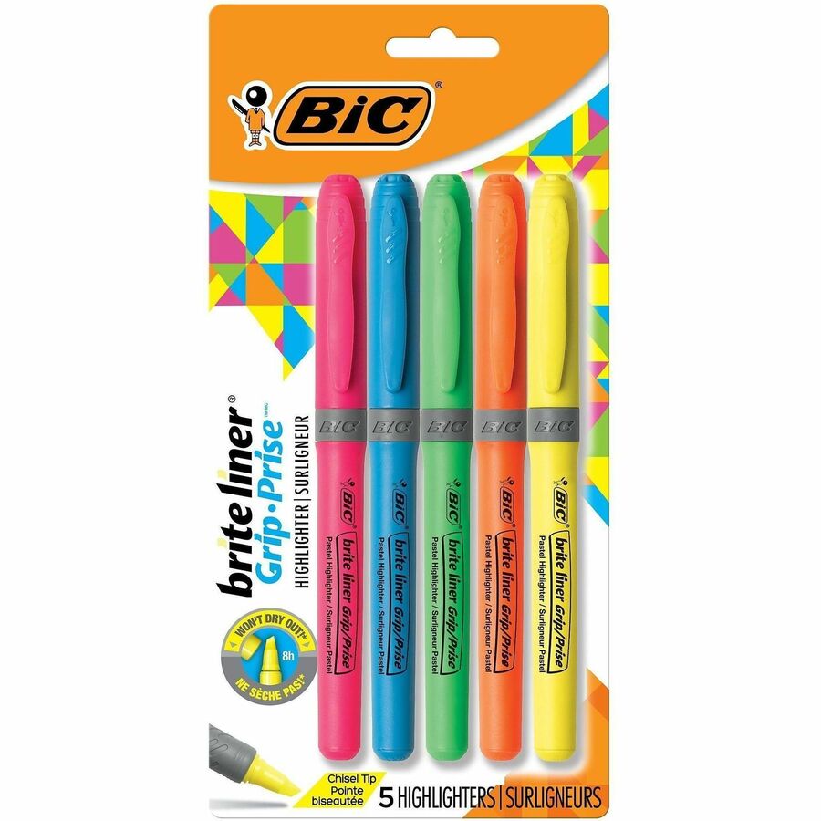BIC Brite Liner®, Grip Highlighter - Fluorescent Assorted Ink - 5 / Set