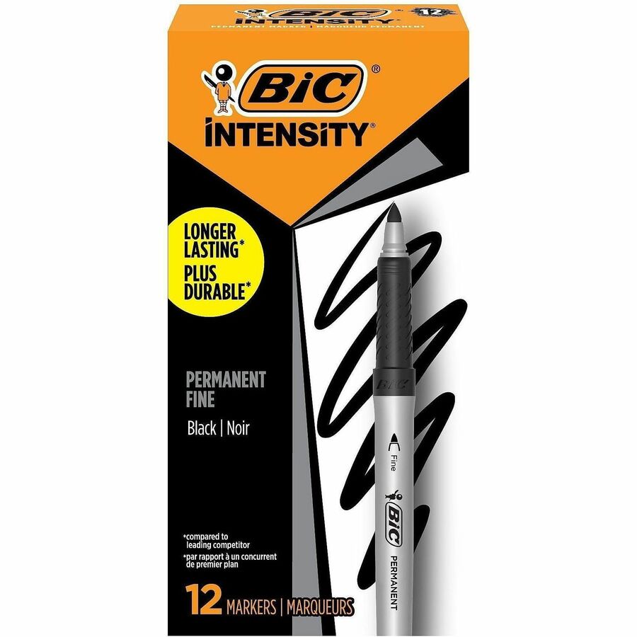 BIC Intensity Permanent Markers - Black Ink - Silver Barrel - 12 / Dozen