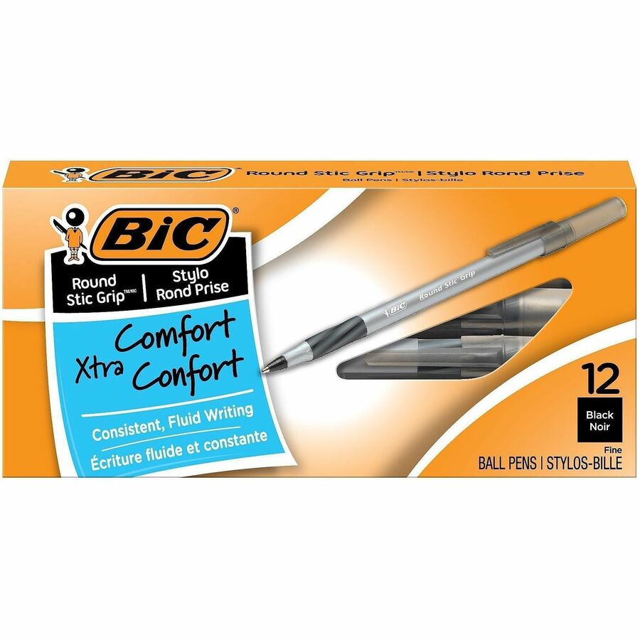 BIC Fine Point Round Stic Pens - Black Ink - Gray Barrel - 12 / Dozen