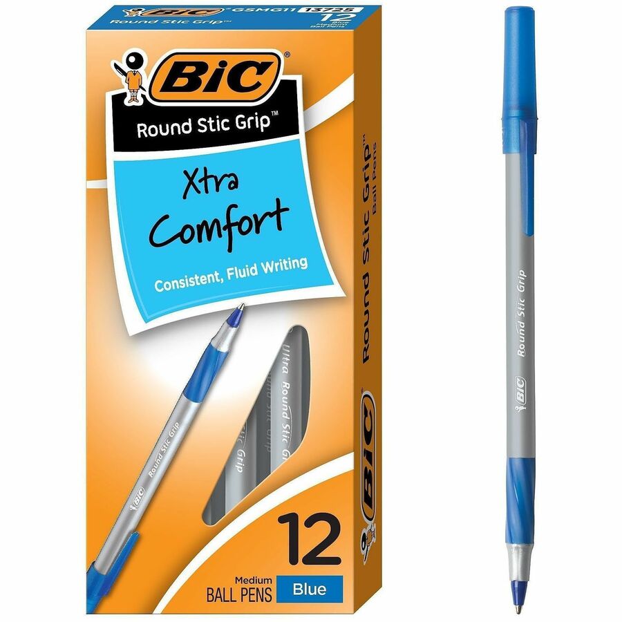 BIC Round Stic Grip Ballpoint Pen - Blue Ink - Frost Barrel - 12 / Dozen