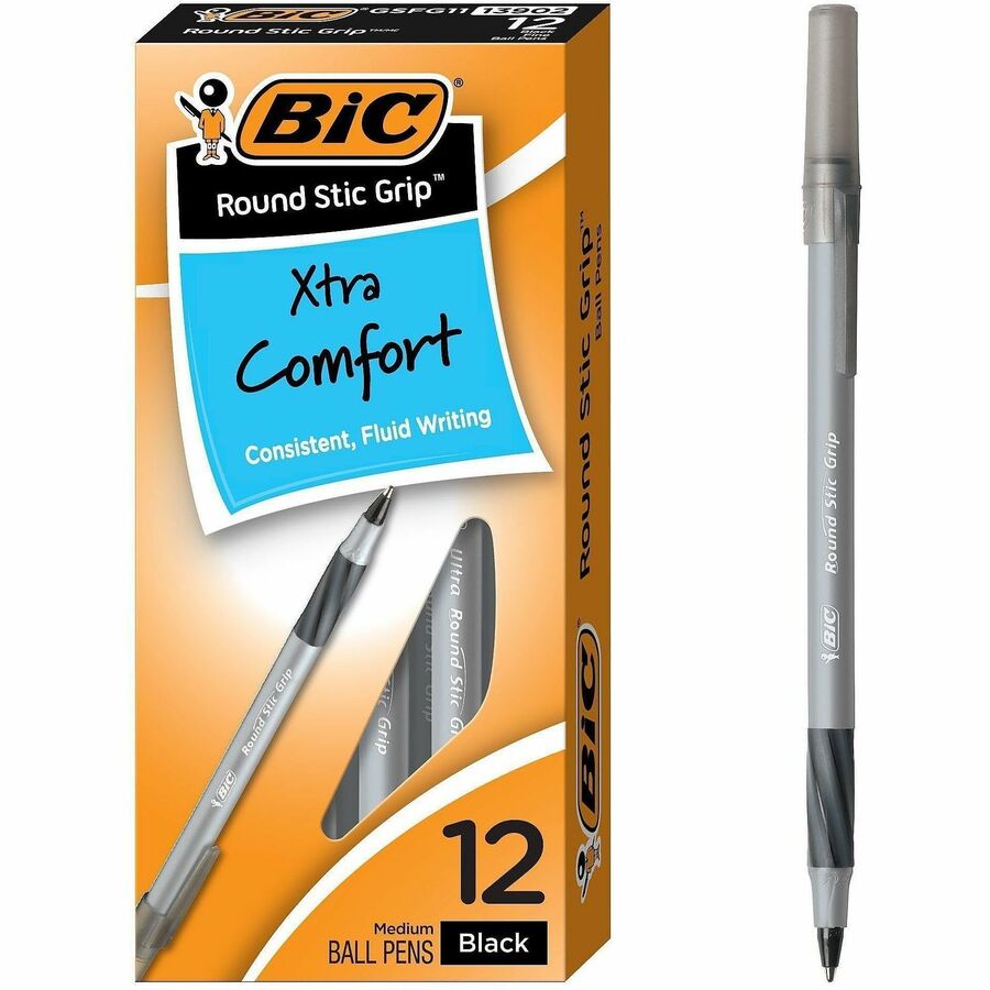BIC Round Stic Grip Ballpoint Pen - Black Ink - Frost Barrel - 12 / Dozen