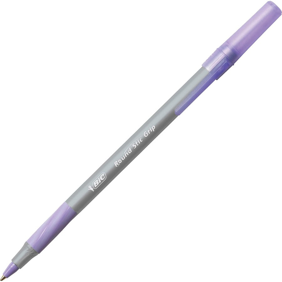 BIC Round Stic Grip Ballpoint Pen - Purple Ink - Frost Barrel - 12 / Dozen