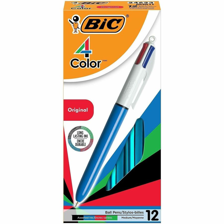 BIC 4-Color Retractable Pen - Refillable - Retractable - Multi, Black, Red, Green Ink - Blue, White Barrel - 12 / Box