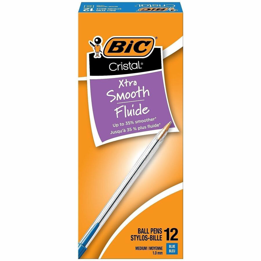 BIC Classic Cristal Ballpoint Pens - Blue Ink - Clear Barrel - Metal Tip - 12 / Dozen