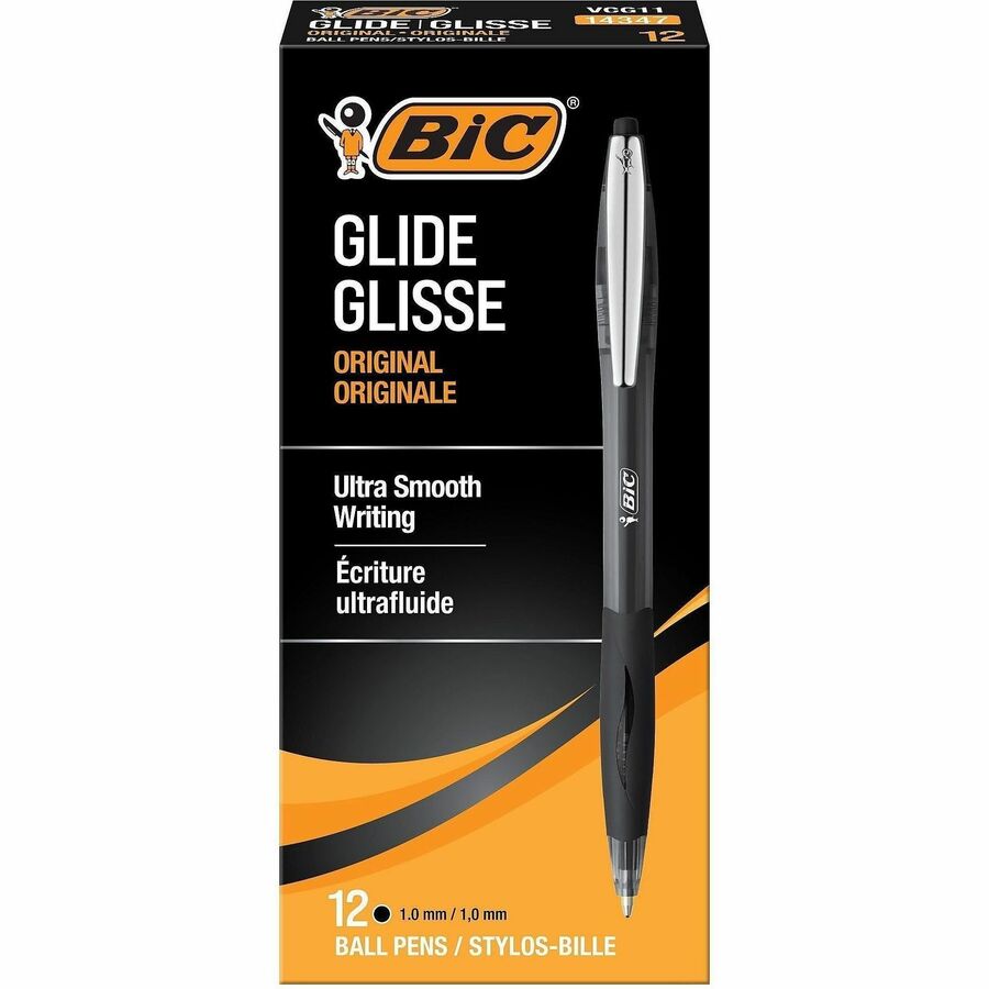BIC Glide Retractable Pens - Retractable - Black Ink - Clear Barrel - 12 / Dozen
