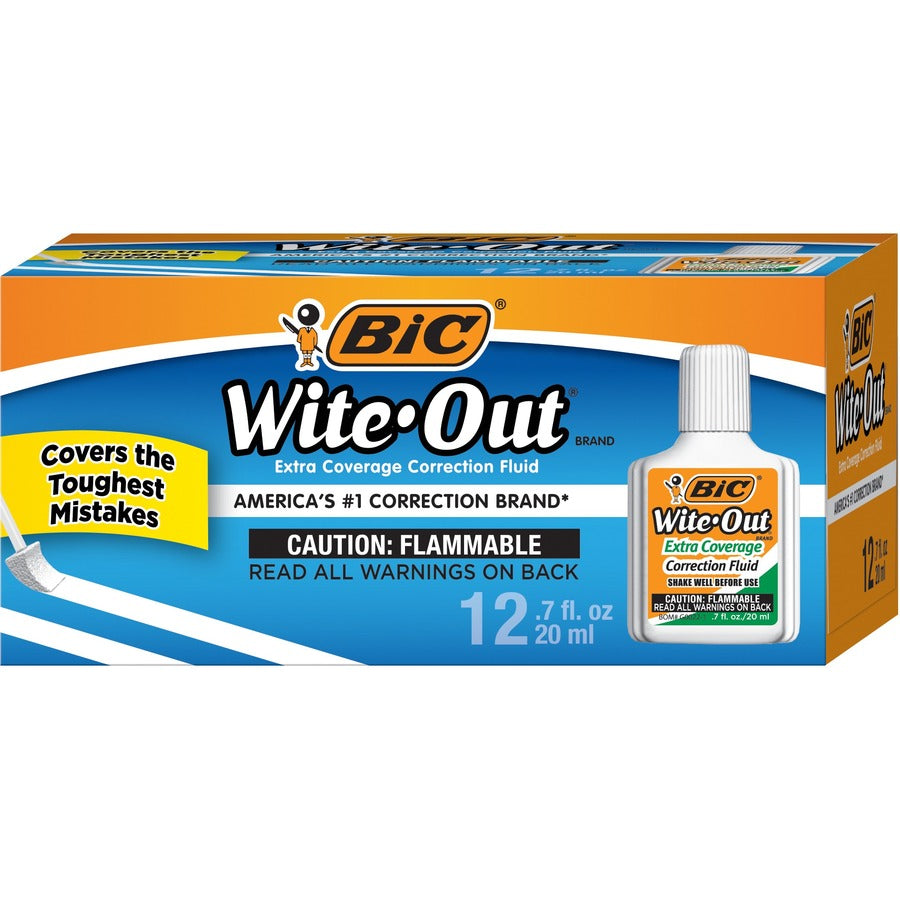 BIC Extra Coverage Correction Fluid, White - Foam Brush Applicator - 20 mL - White - 12 / Dozen