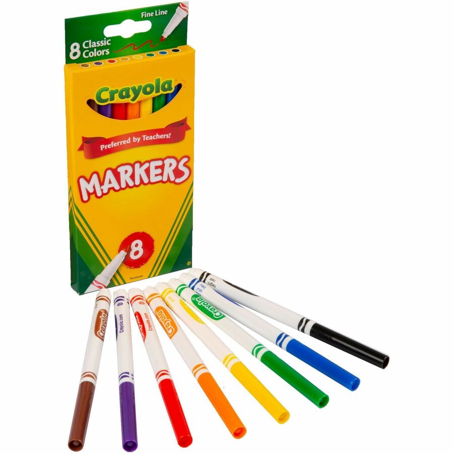 Crayola Fine Tip Classic Markers - Assorted, Orange, Yellow, Green, Blue, Violet, Brown, Black Ink - Water Based - 8 / Set