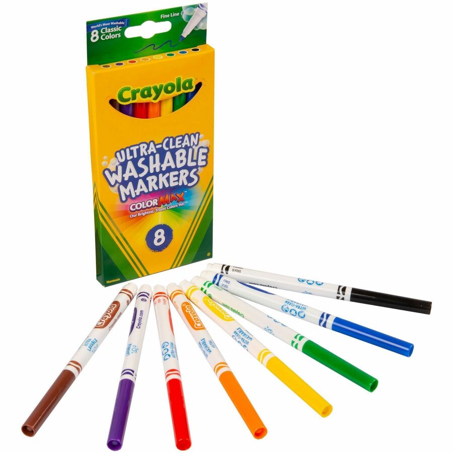 Crayola Thinline Washable Markers - Washable - Red, Orange, Yellow, Green, Blue, Violet, Brown, Black Ink - Water Based - 8 / Set