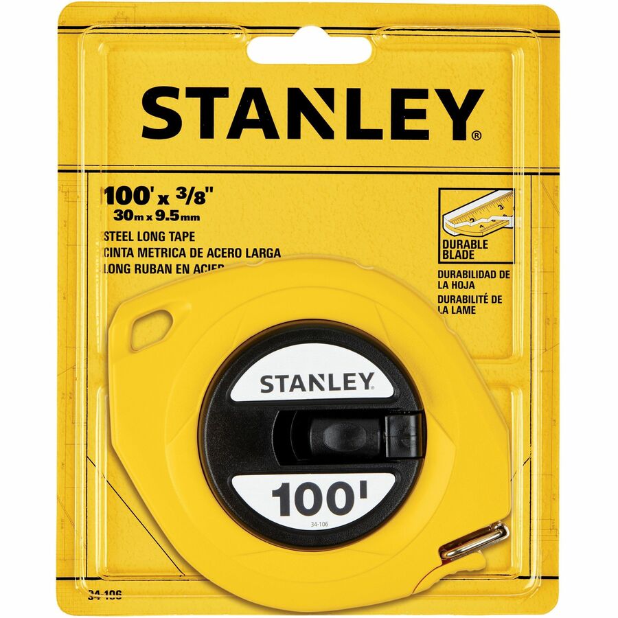 Stanley Measuring Tapes - 100 ft Length x 0.4" Width - 1/8 Graduations - Imperial Measuring System - Plastic, Polymer - Yellow - 1 Each