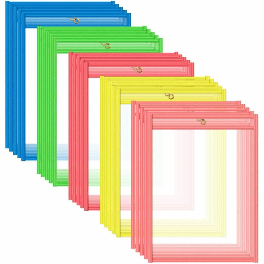 C-Line Neon Colored Stitched Shop Ticket Holders - Support 9" x 12" Media - Vinyl - Clear, Assorted - Sturdy - 25 / Box