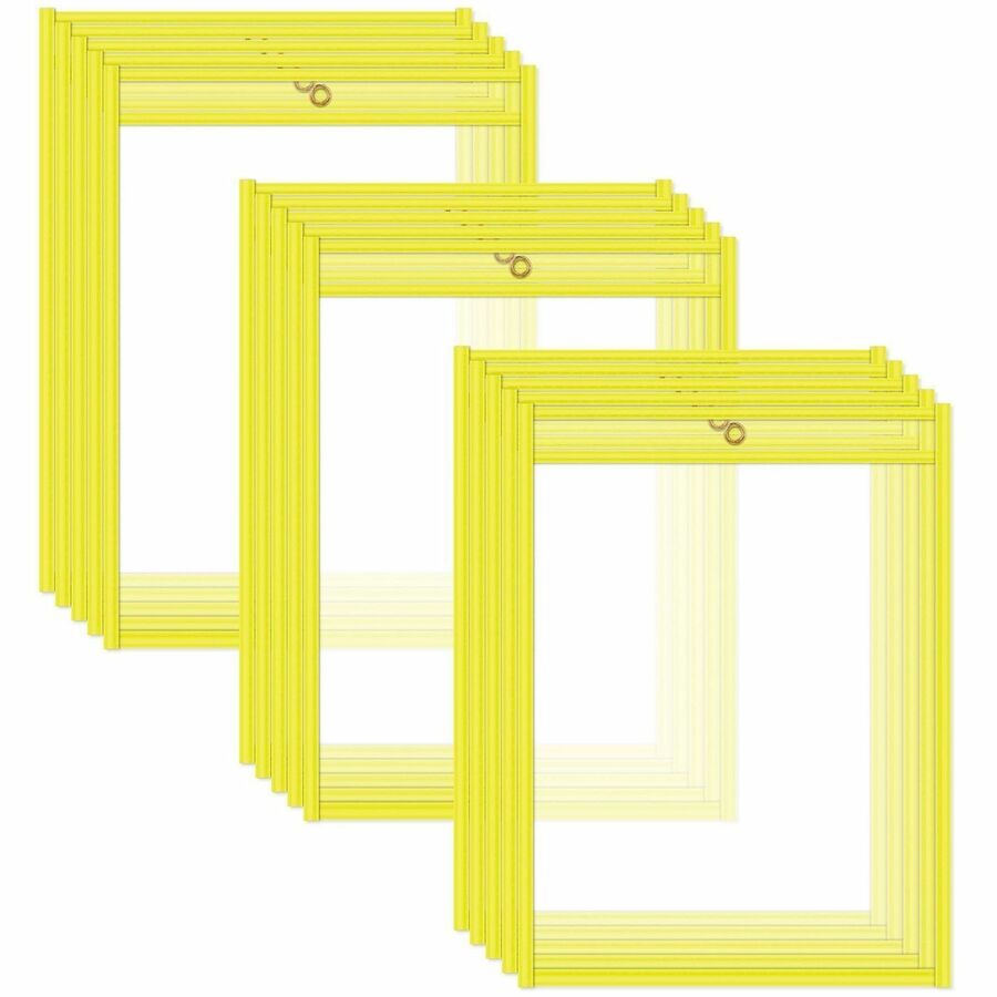 C-Line Neon Colored Stitched Shop Ticket Holders - Support 9" x 12" Media - Vinyl - Clear, Neon Yellow - Sturdy - 15 / Box