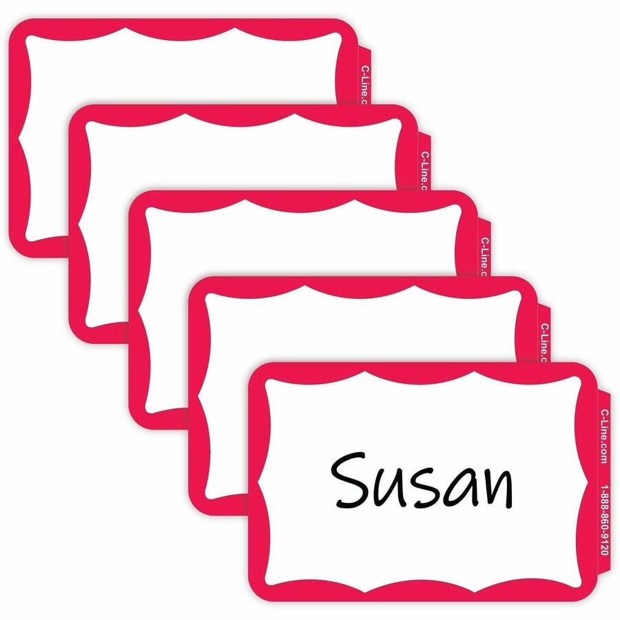 C-Line Self-adhesive Color Border Name Badges - 3 1/2" Width x 2 1/4" Length - Removable Adhesive - Rectangle - Red - 100 / Box