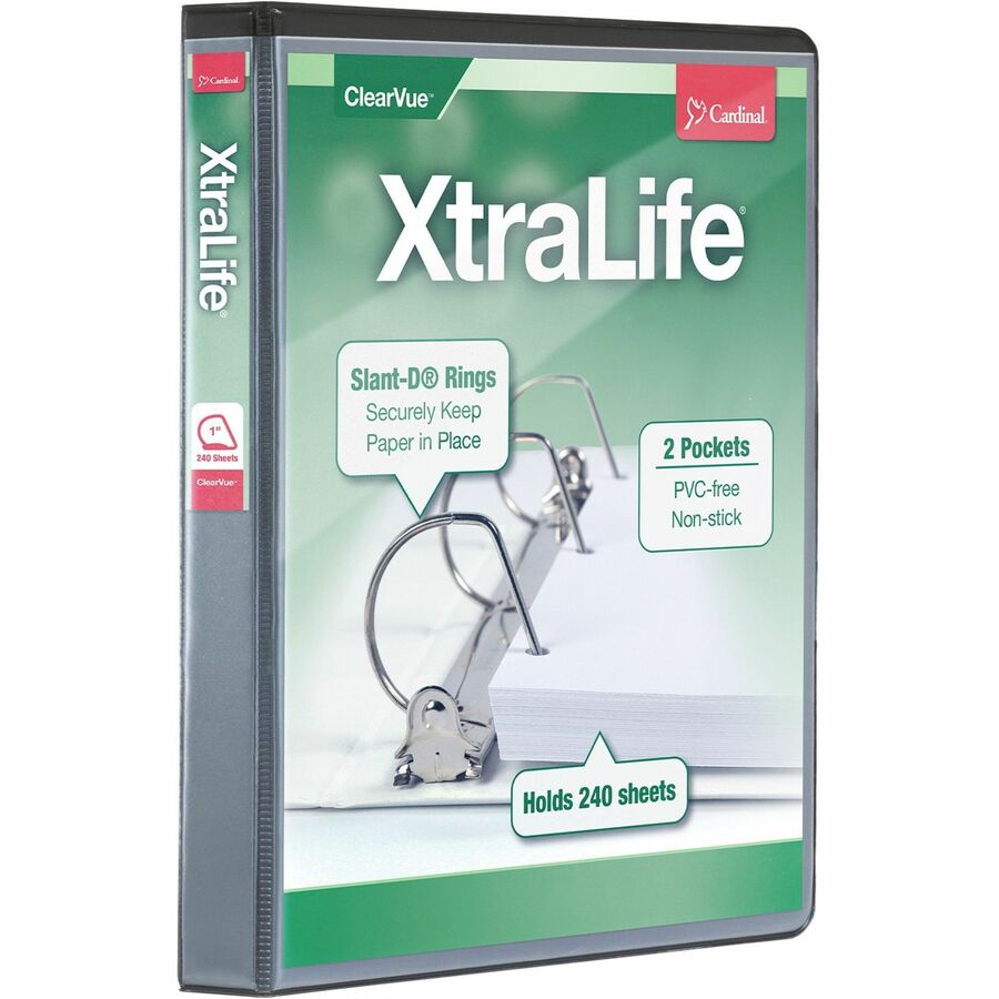Cardinal®, Xtralife ClearVue Locking Slant-D Binder - 1" Binder Capacity - Letter - 8 1/2" x 11" Sheet Size - 270 Sheet Capacity - 1" Spine Width - 3 Ring - Fastener: D-Ring - Pocket: 2, Inside Front & Back - Polyolefin - Black - 14.40 oz - Non-stic...
