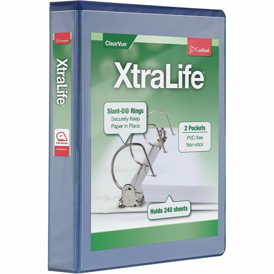 Cardinal®, Xtralife ClearVue Locking Slant-D Binder - 1 1/2" Binder Capacity - Letter - 8 1/2" x 11" Sheet Size - 375 Sheet Capacity - 1 3/5" Spine Width - 3 Ring - Fastener: D-Ring - Pocket: 2, Inside Front & Back - Polyolefin - Blue - 1.05 lb - No...