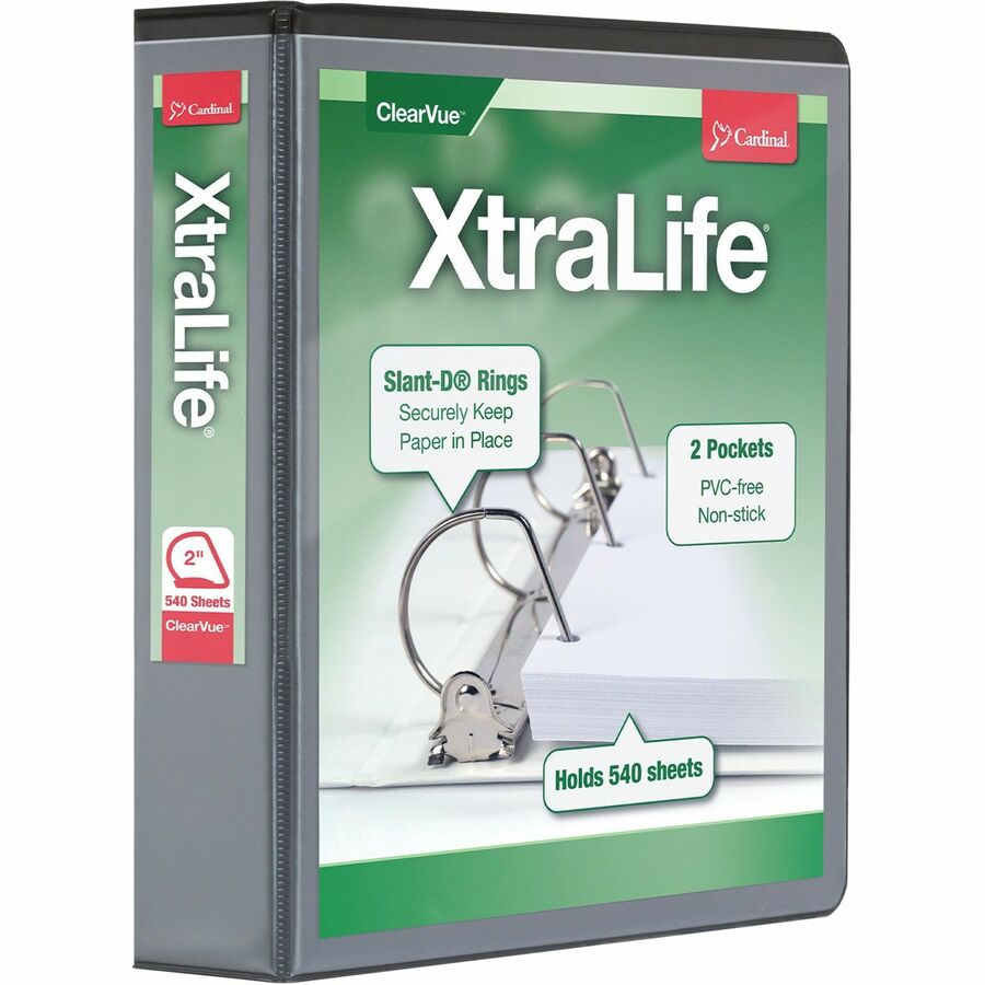 Cardinal®, Xtralife ClearVue Locking Slant-D Binder - 2" Binder Capacity - Letter - 8 1/2" x 11" Sheet Size - 540 Sheet Capacity - 2 1/2" Spine Width - 3 Ring - Fastener: D-Ring - Pocket: 2, Inside Front & Back - Polyolefin - Black - 1.25 lb - Non-s...