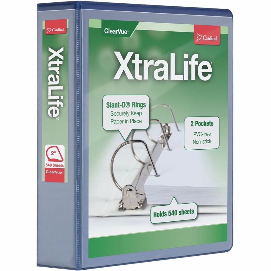 Cardinal®, Xtralife ClearVue Locking Slant-D Binder - 2" Binder Capacity - Letter - 8 1/2" x 11" Sheet Size - 540 Sheet Capacity - 2 1/2" Spine Width - 3 Ring - Fastener: D-Ring - Pocket: 2, Inside Front & Back - Polyolefin - Blue - 1.25 lb - Non-st...