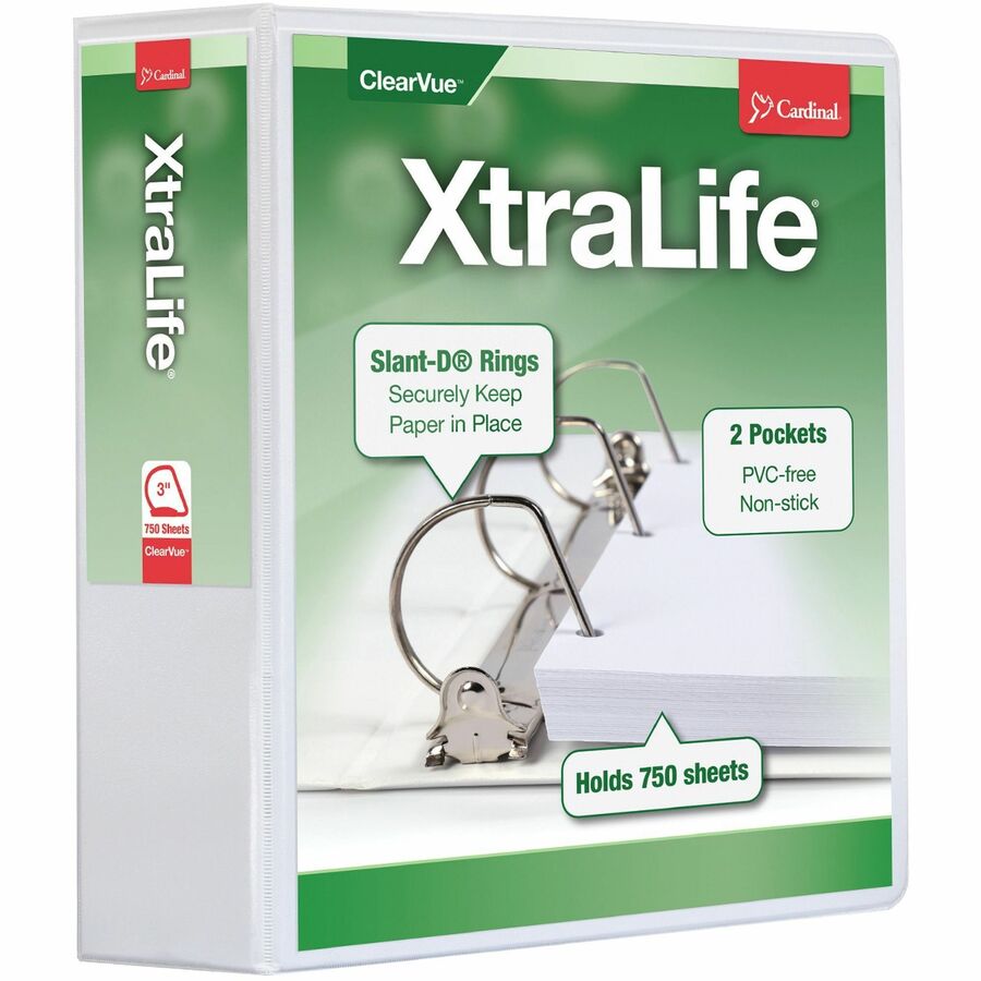 Cardinal®, Xtralife ClearVue Locking Slant-D Binder - 3" Binder Capacity - Letter - 8 1/2" x 11" Sheet Size - 725 Sheet Capacity - 2 29/32" Spine Width - 3 Ring - Fastener: D-Ring - Pocket: 2, Inside Front & Back - Polyolefin - White - 1.60 lb - Non...