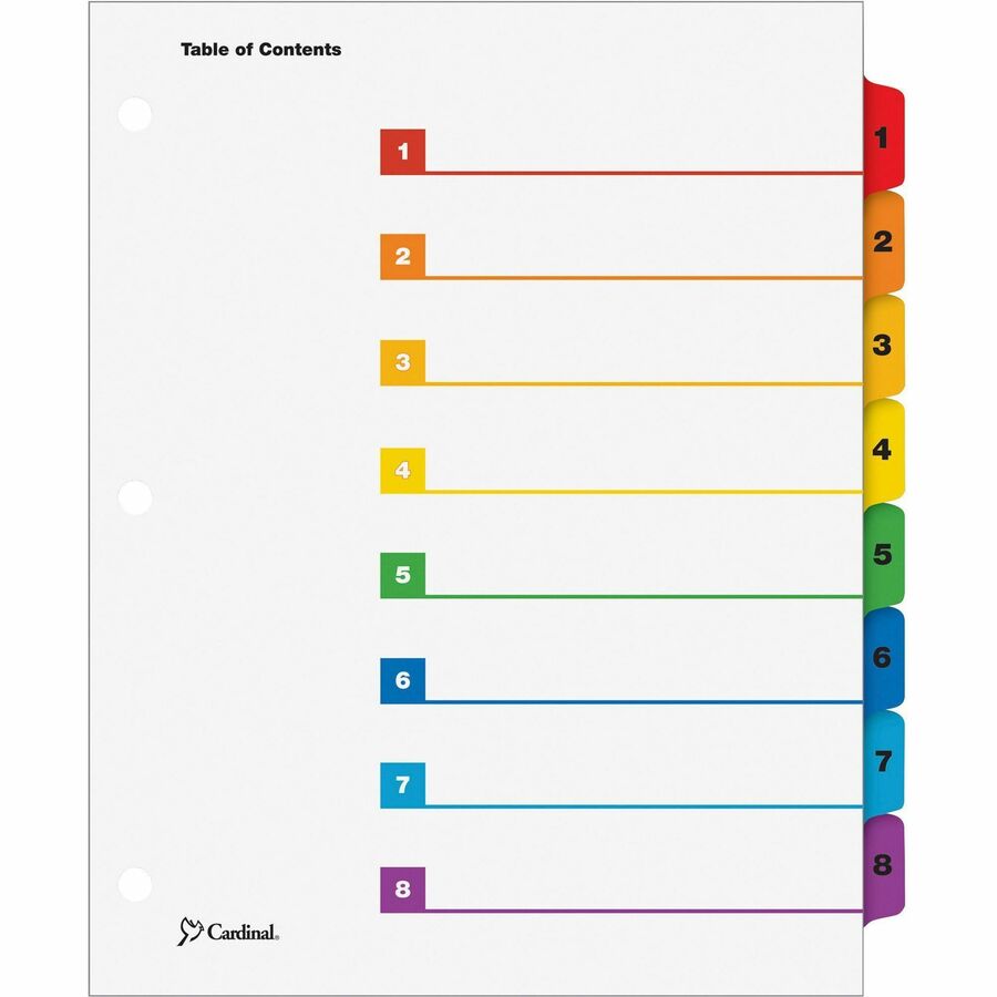 Cardinal®, OneStep Index System - 8 x Divider(s) - Printed Tab(s) - Digit - 1-8 - 8 Tab(s)/Set - 9" Divider Width x 11" Divider Length - Letter - 8.50" Width x 11" Length - 3 Hole Punched - White Paper Divider - Multicolor Mylar Tab(s) - Reinforced...