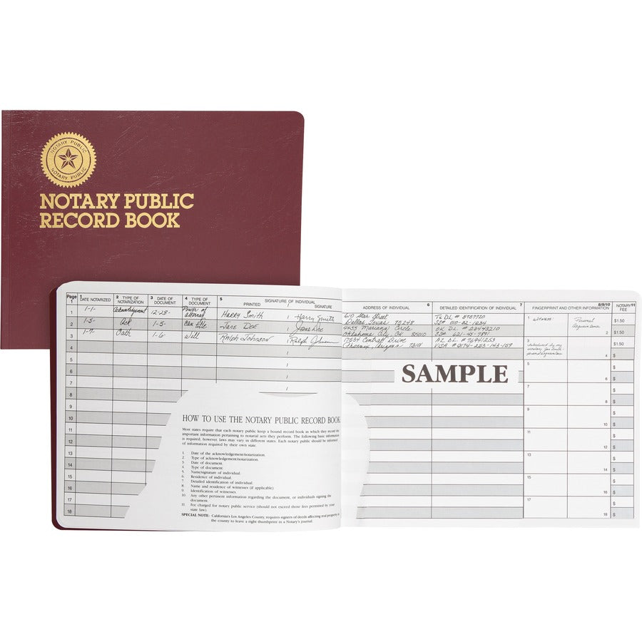 Dome Notary Public Book - 64 Sheet(s) - Thread Sewn - 10.50" x 8.25" Sheet Size - 10 Columns per Sheet - Burgundy - White Sheet(s) - Maroon Cover - 1 Each