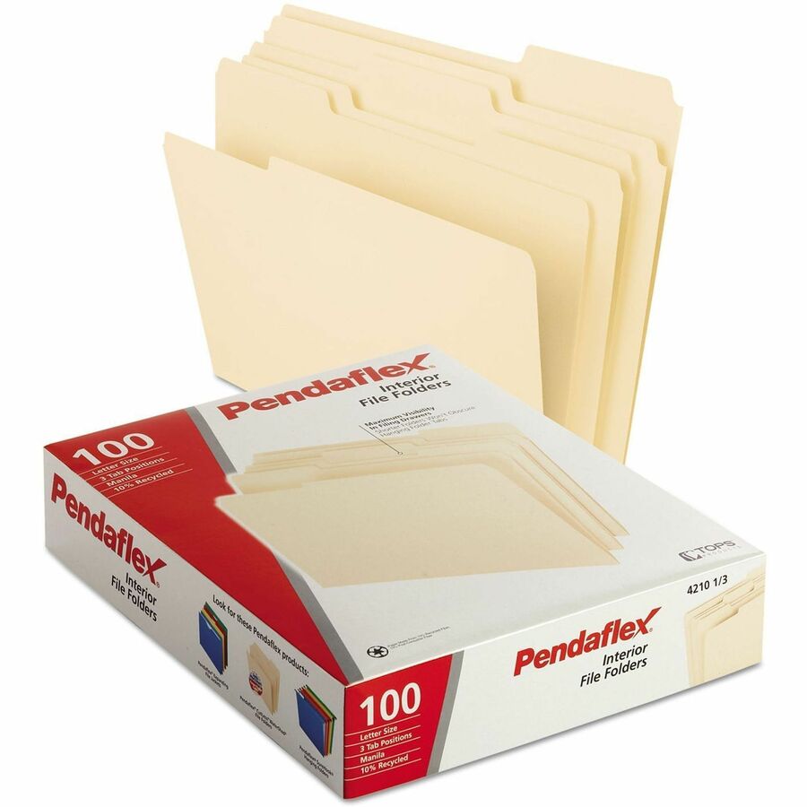Pendaflex 1/3 Tab Cut Letter Hanging Folder - 8 1/2" x 11" - Top Tab Location - Assorted Tab Position - Manila - 100 / Box