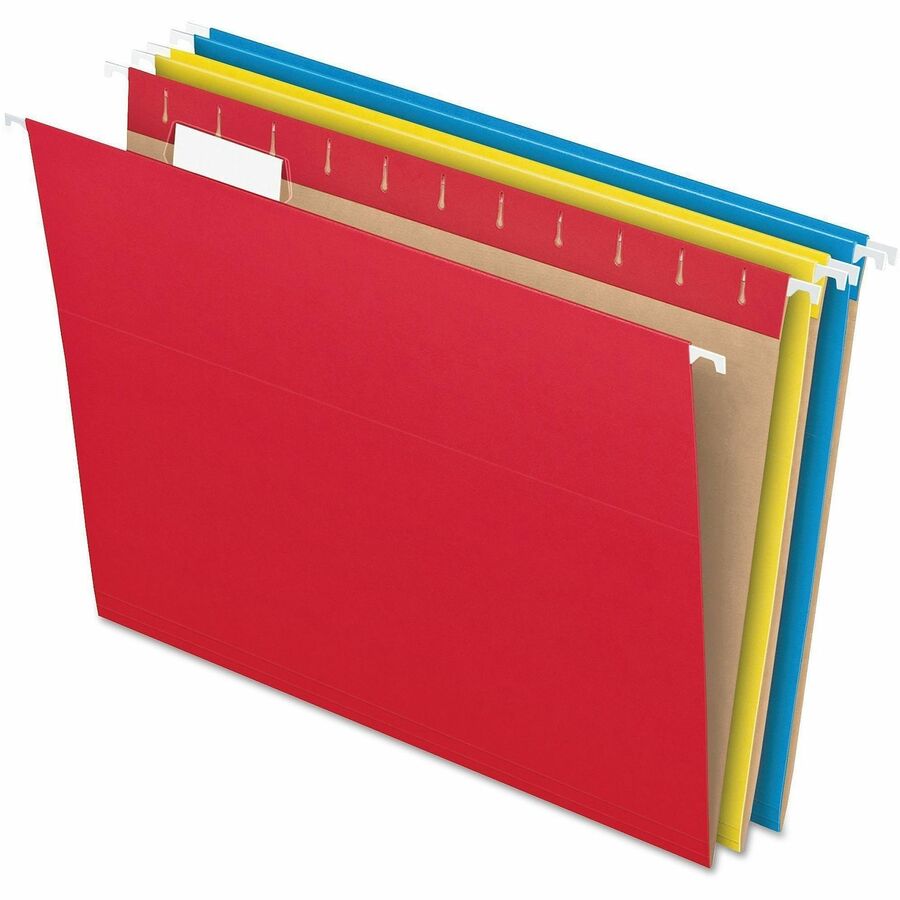 Pendaflex Essentials 1/5 Tab Cut Letter Recycled Hanging Folder - 8 1/2" x 11" - Yellow, Red, Blue - 100% Recycled - 25 / Box