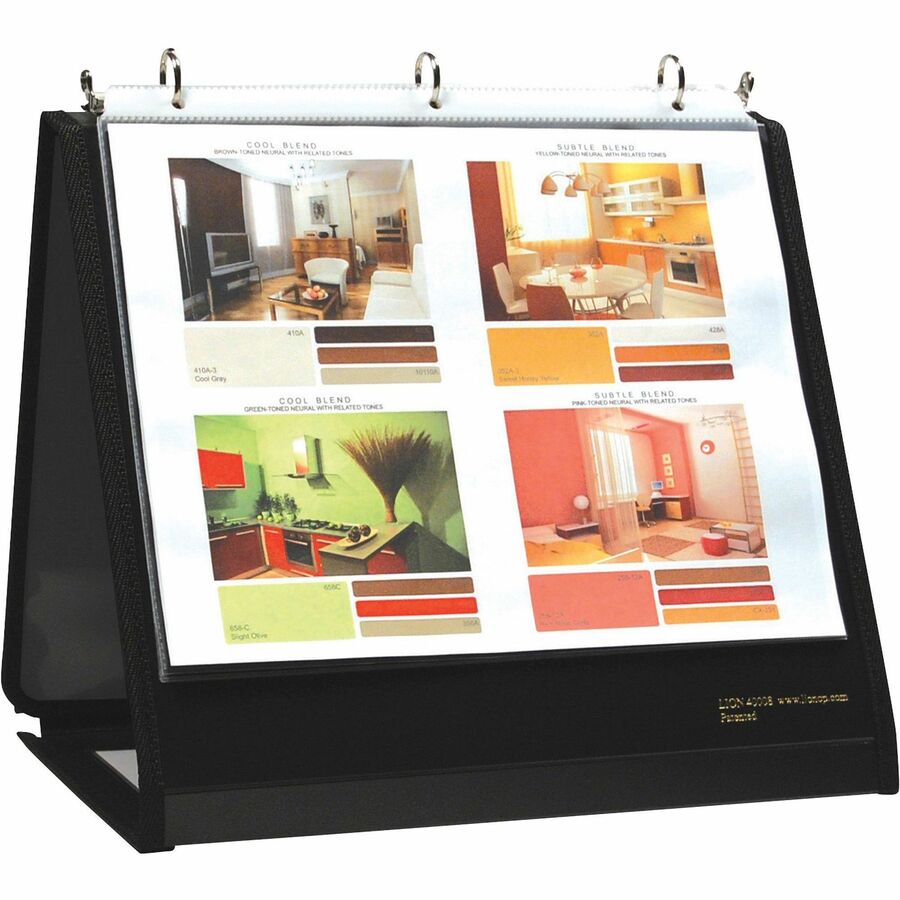 Lion Insta-Cover Round Ring Easel Binder - 3/4" Binder Capacity - Letter - 8 1/2" x 11" Sheet Size - 3 Ring - Fastener: Round Ring - Pocket: 40 - Horizontal Orientation - Black - Label Holder, Reinforced Sewn Edge, Business Card Holder - 1 Each