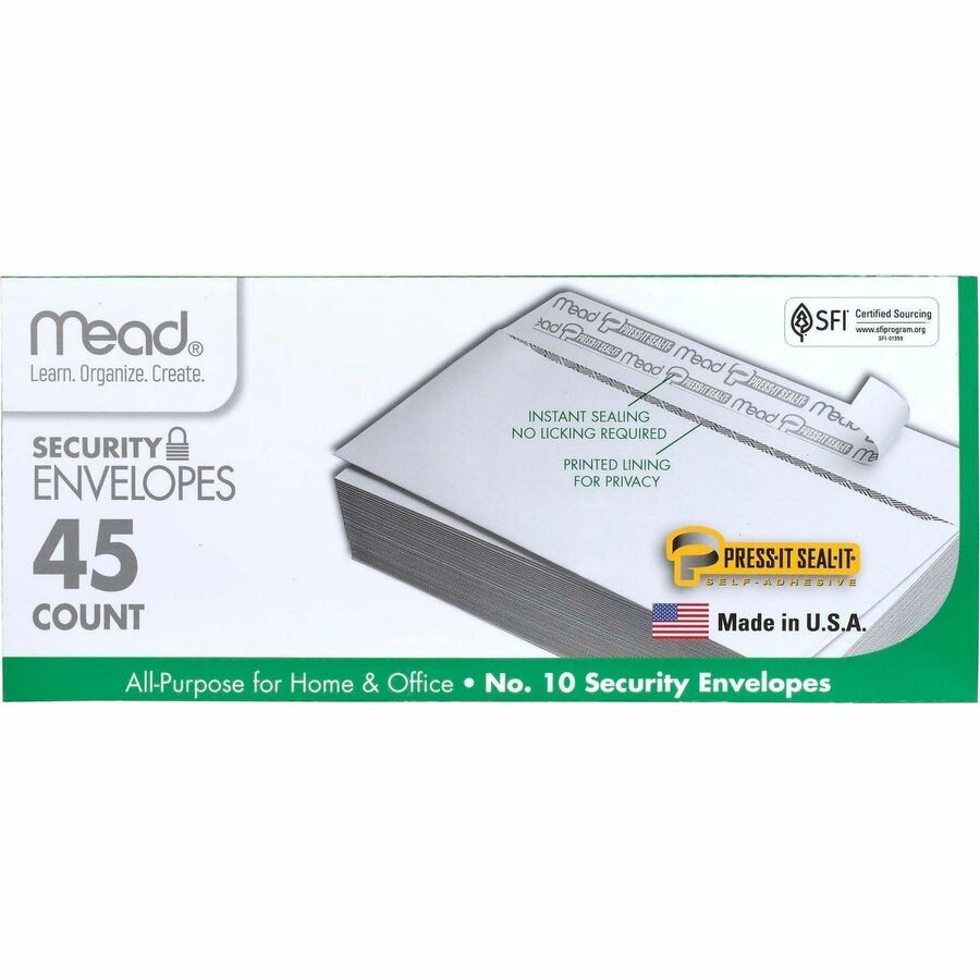 Mead Press-it Seal-it No. 10 Security Envelopes - Security - #10 - 4 1/8" Width x 9 1/2" Length - Peel & Seal - White - 45 / Box